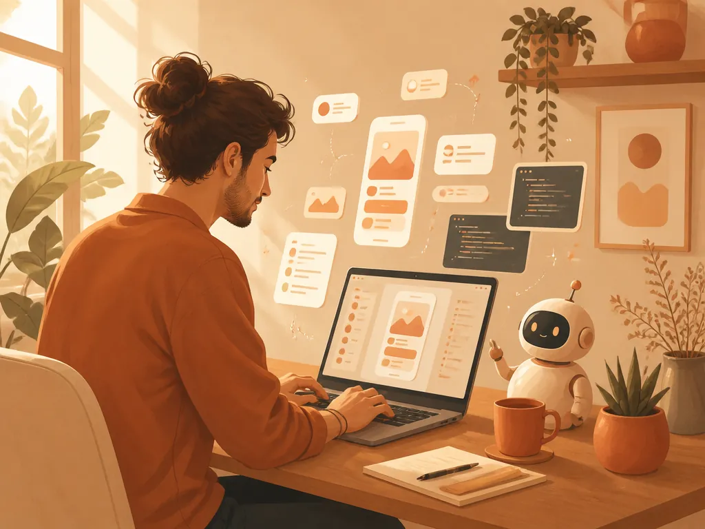 A person building an app with AI assistance in a warm, sunlit workspace